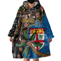 Fijian and Australian Culture Together Wearable Blanket Hoodie Aboriginal Art and Tapa Motifs with Kangaroo and Palm Tree LT03 - Polynesian Pride