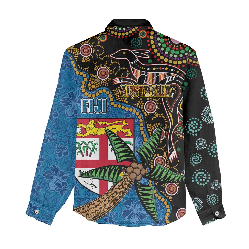 Fijian and Australian Culture Together Women Casual Shirt Aboriginal Art and Tapa Motifs with Kangaroo and Palm Tree LT03 - Polynesian Pride