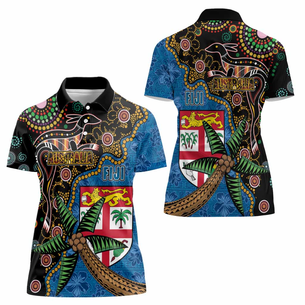 Fijian and Australian Culture Together Women Polo Shirt Aboriginal Art and Tapa Motifs with Kangaroo and Palm Tree LT03 - Polynesian Pride