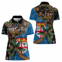 Fijian and Australian Culture Together Women Polo Shirt Aboriginal Art and Tapa Motifs with Kangaroo and Palm Tree LT03 - Polynesian Pride
