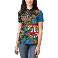 Fijian and Australian Culture Together Women Polo Shirt Aboriginal Art and Tapa Motifs with Kangaroo and Palm Tree LT03 - Polynesian Pride