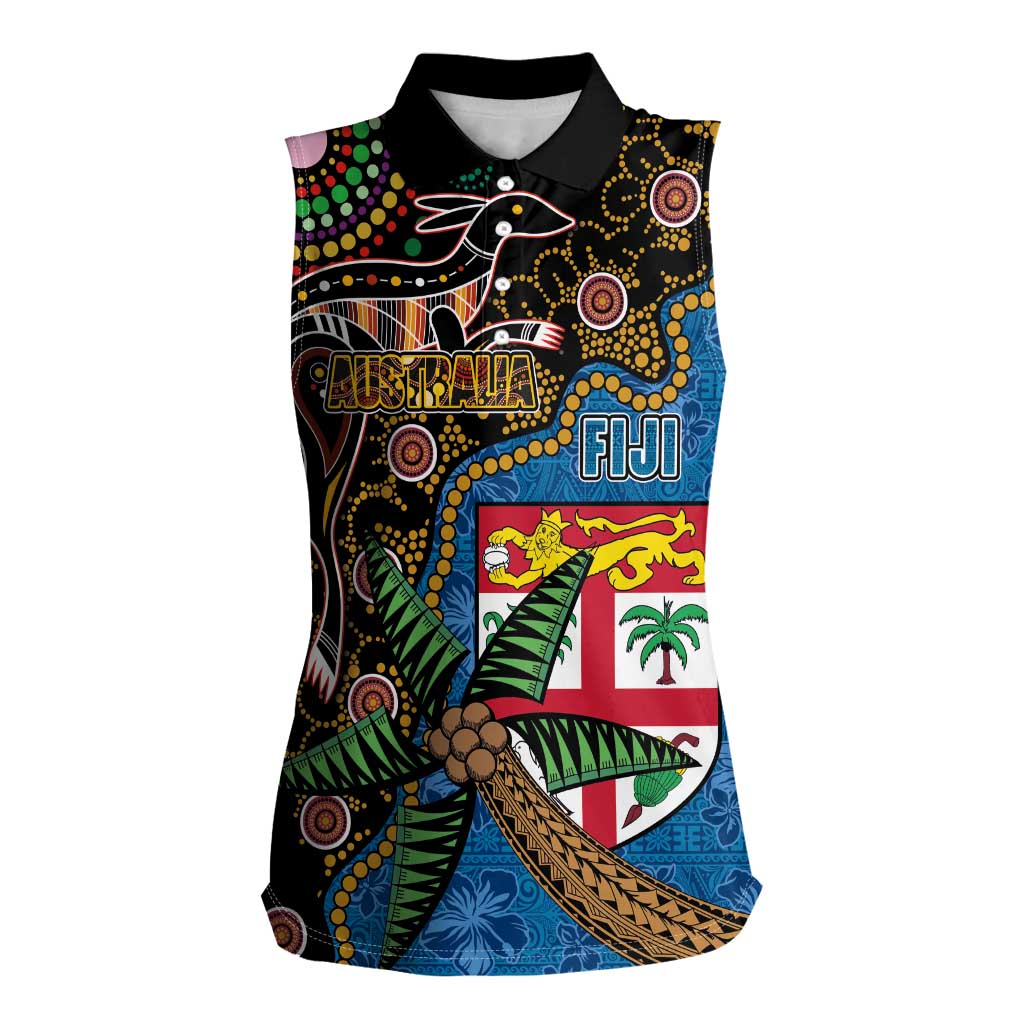 Fijian and Australian Culture Together Women Sleeveless Polo Shirt Aboriginal Art and Tapa Motifs with Kangaroo and Palm Tree LT03 Female Black - Polynesian Pride