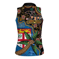 Fijian and Australian Culture Together Women Sleeveless Polo Shirt Aboriginal Art and Tapa Motifs with Kangaroo and Palm Tree LT03 - Polynesian Pride