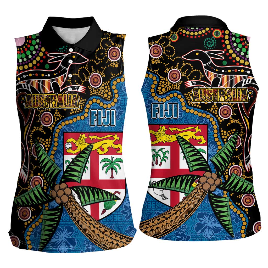 Fijian and Australian Culture Together Women Sleeveless Polo Shirt Aboriginal Art and Tapa Motifs with Kangaroo and Palm Tree LT03 - Polynesian Pride