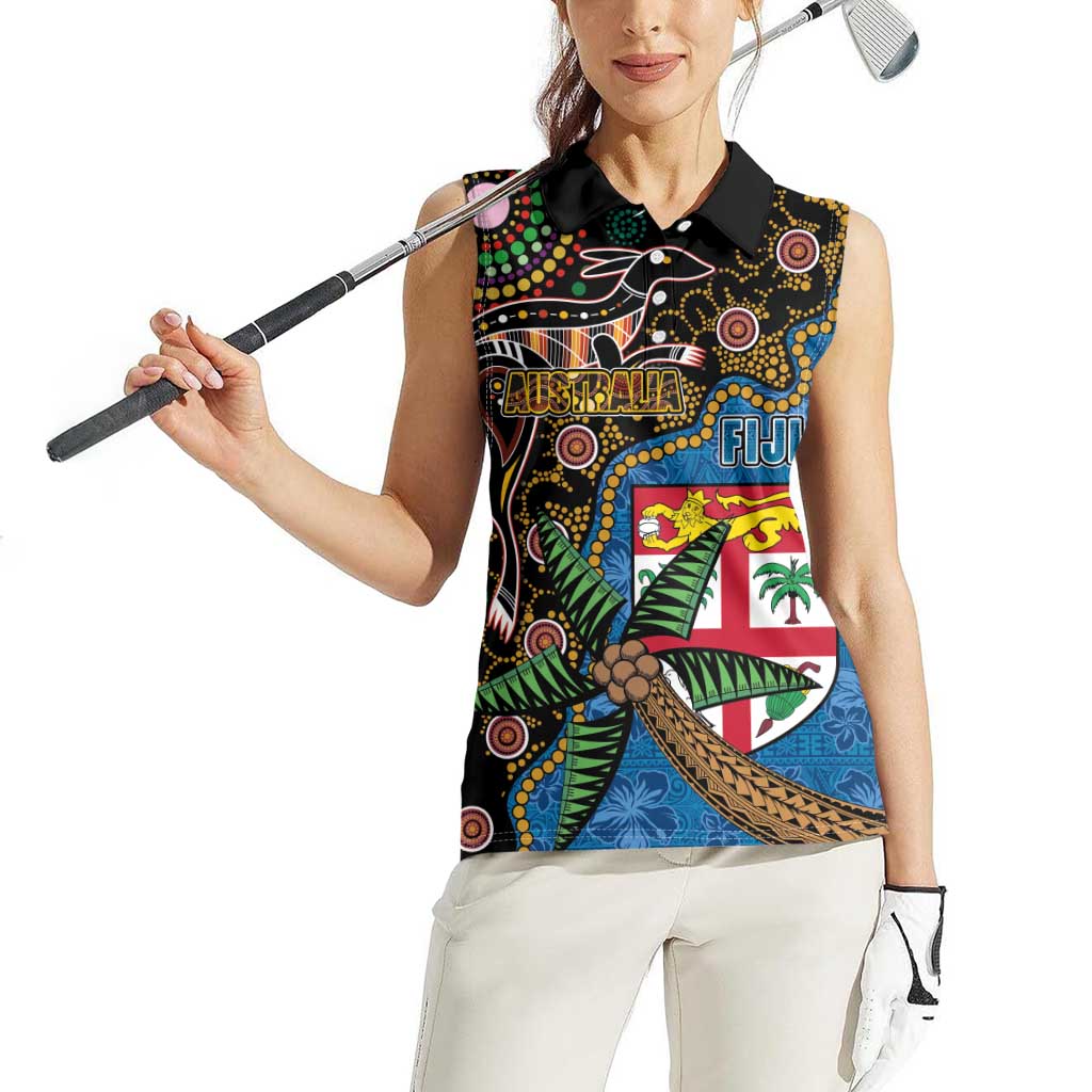Fijian and Australian Culture Together Women Sleeveless Polo Shirt Aboriginal Art and Tapa Motifs with Kangaroo and Palm Tree LT03 - Polynesian Pride