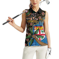 Fijian and Australian Culture Together Women Sleeveless Polo Shirt Aboriginal Art and Tapa Motifs with Kangaroo and Palm Tree LT03 - Polynesian Pride