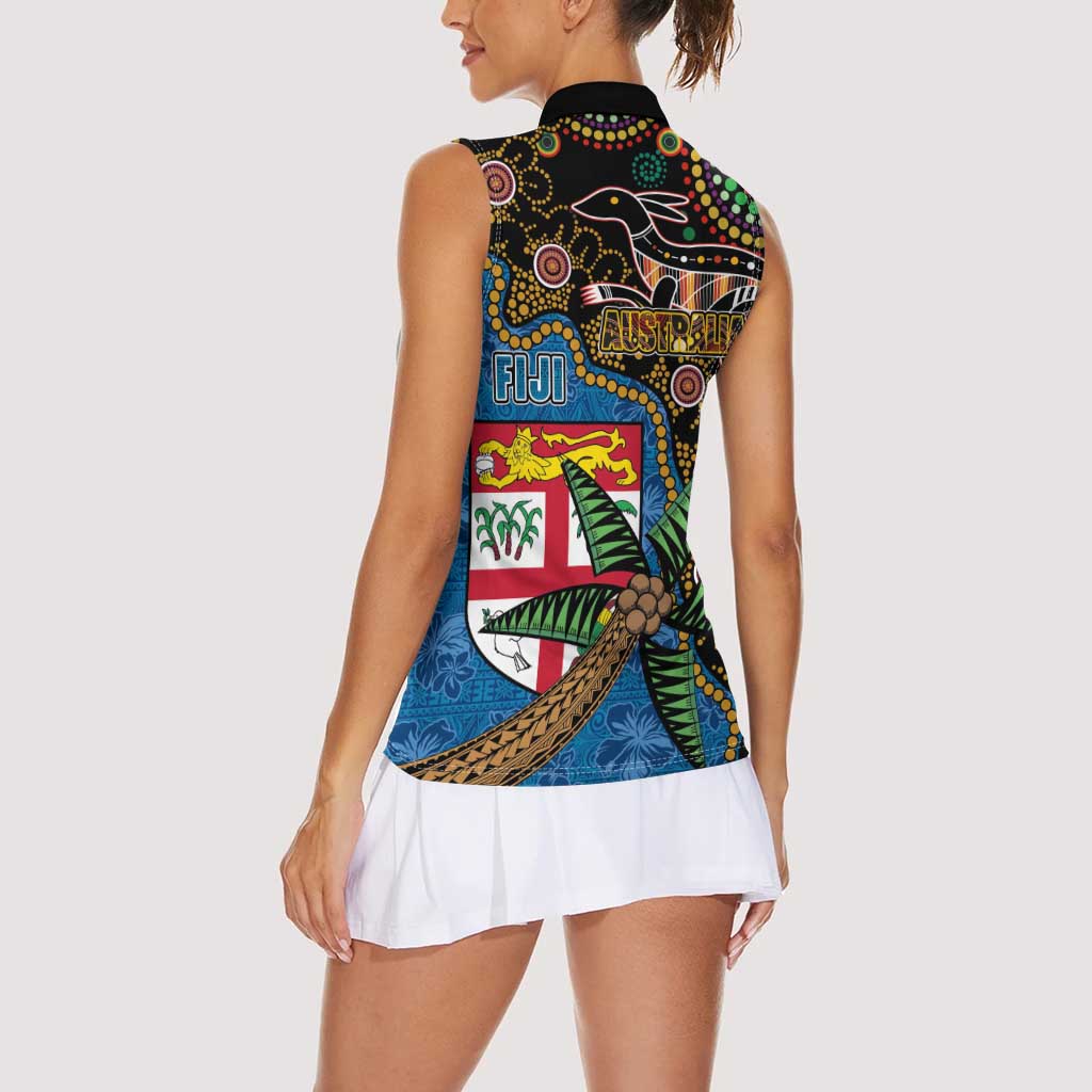 Fijian and Australian Culture Together Women Sleeveless Polo Shirt Aboriginal Art and Tapa Motifs with Kangaroo and Palm Tree LT03 - Polynesian Pride