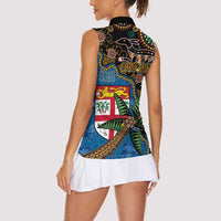 Fijian and Australian Culture Together Women Sleeveless Polo Shirt Aboriginal Art and Tapa Motifs with Kangaroo and Palm Tree LT03 - Polynesian Pride
