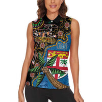 Fijian and Australian Culture Together Women Sleeveless Polo Shirt Aboriginal Art and Tapa Motifs with Kangaroo and Palm Tree LT03 - Polynesian Pride