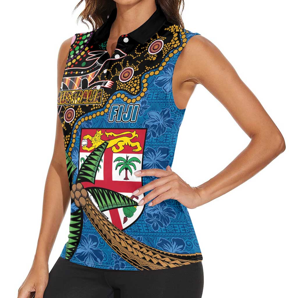 Fijian and Australian Culture Together Women Sleeveless Polo Shirt Aboriginal Art and Tapa Motifs with Kangaroo and Palm Tree LT03 - Polynesian Pride