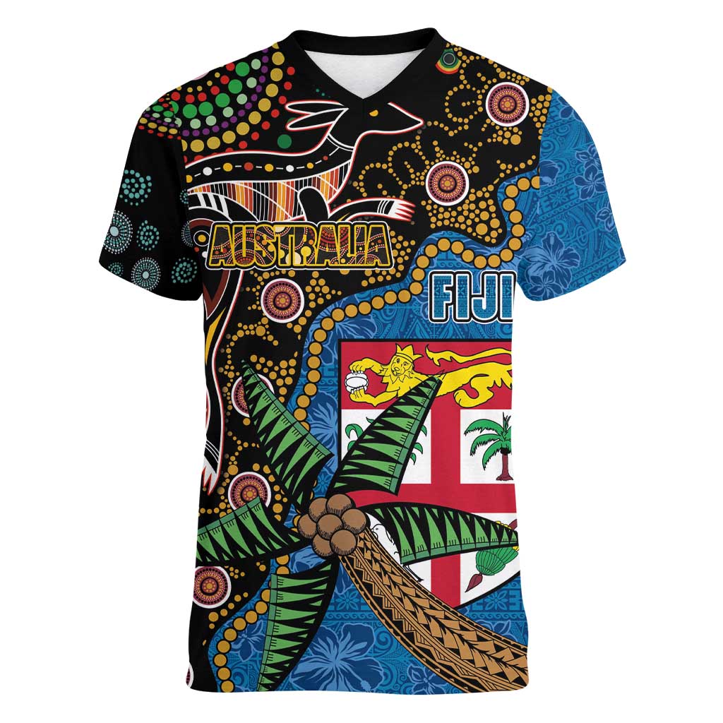 Fijian and Australian Culture Together Women V-Neck T-Shirt Aboriginal Art and Tapa Motifs with Kangaroo and Palm Tree LT03 Female Black - Polynesian Pride