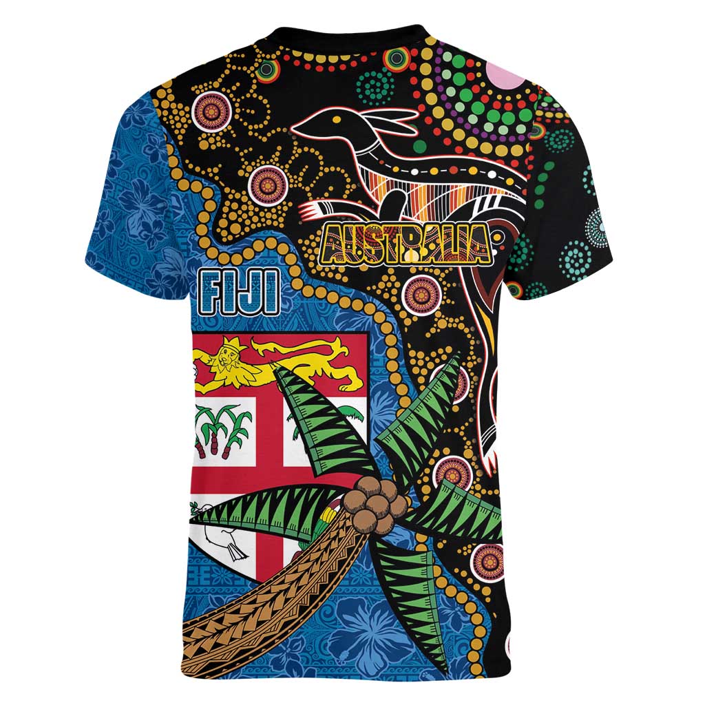 Fijian and Australian Culture Together Women V-Neck T-Shirt Aboriginal Art and Tapa Motifs with Kangaroo and Palm Tree LT03 - Polynesian Pride