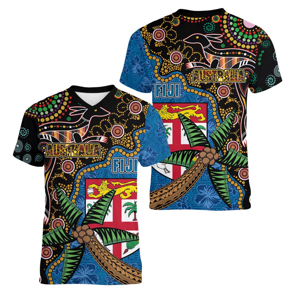 Fijian and Australian Culture Together Women V-Neck T-Shirt Aboriginal Art and Tapa Motifs with Kangaroo and Palm Tree LT03 - Polynesian Pride