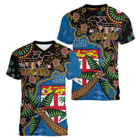 Fijian and Australian Culture Together Women V-Neck T-Shirt Aboriginal Art and Tapa Motifs with Kangaroo and Palm Tree LT03 - Polynesian Pride