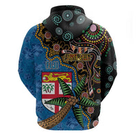 Fijian and Australian Culture Together Zip Hoodie Aboriginal Art and Tapa Motifs with Kangaroo and Palm Tree LT03 - Polynesian Pride