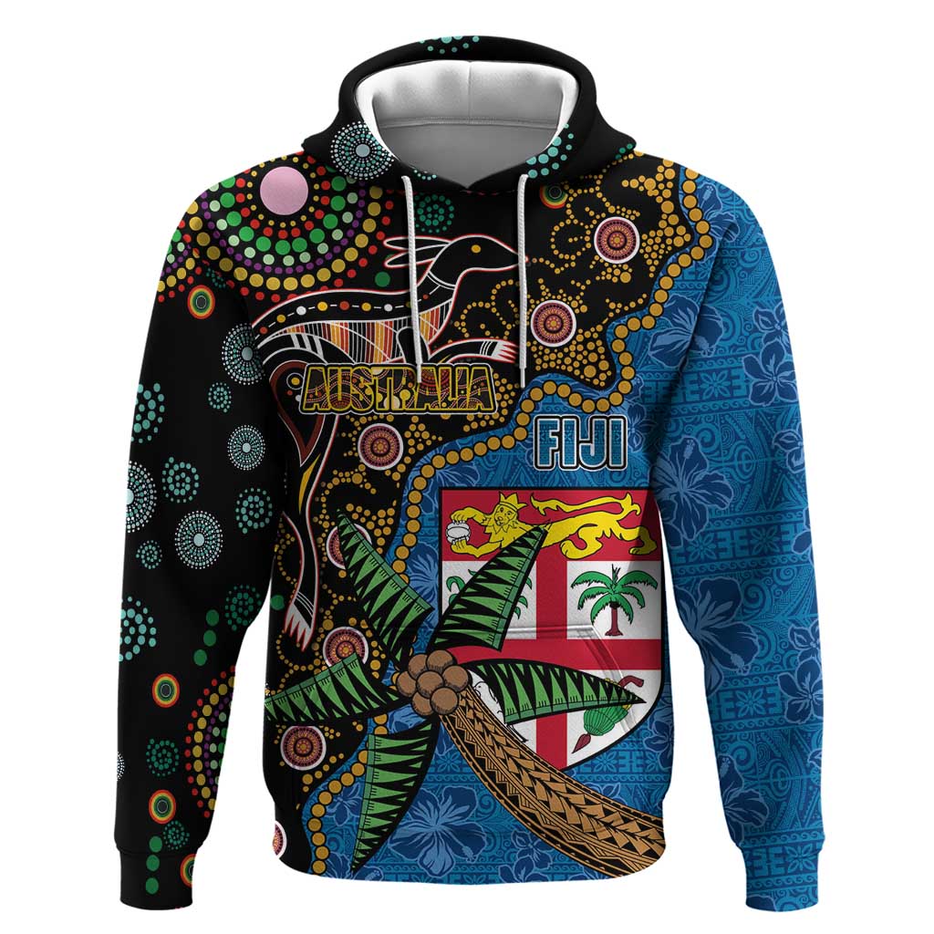 Fijian and Australian Culture Together Zip Hoodie Aboriginal Art and Tapa Motifs with Kangaroo and Palm Tree LT03 Pullover Hoodie Black - Polynesian Pride