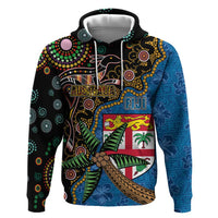 Fijian and Australian Culture Together Zip Hoodie Aboriginal Art and Tapa Motifs with Kangaroo and Palm Tree LT03 Pullover Hoodie Black - Polynesian Pride