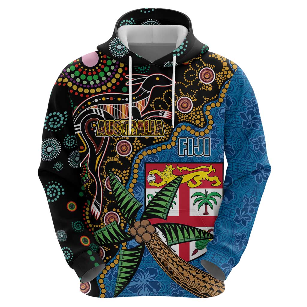 Fijian and Australian Culture Together Zip Hoodie Aboriginal Art and Tapa Motifs with Kangaroo and Palm Tree LT03 - Polynesian Pride