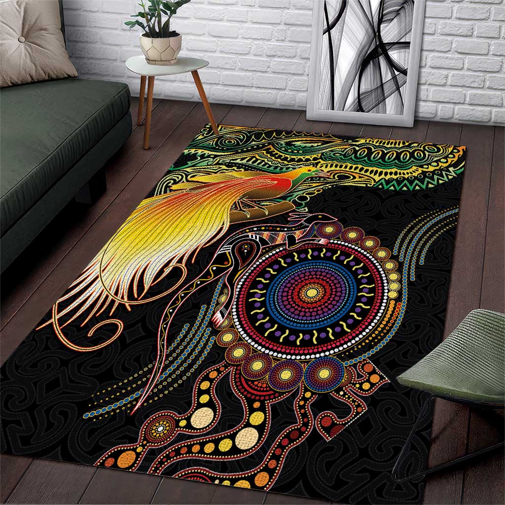 Papua New Guinea and Australia Together Area Rug Bird of Paradise and Kangaroo Melanesian Aboriginal Motifs LT03 Black - Polynesian Pride