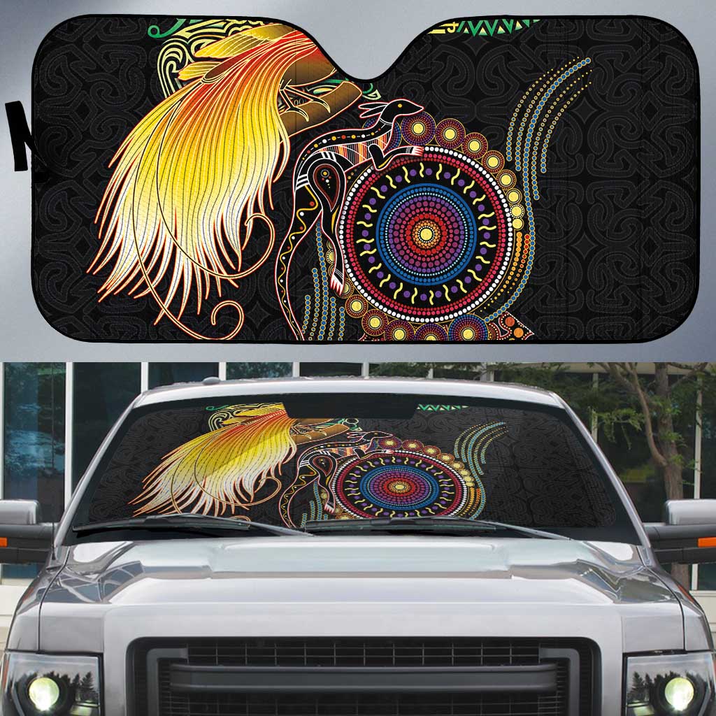 Papua New Guinea and Australia Together Auto Sun Shade Bird of Paradise and Kangaroo Melanesian Aboriginal Motifs LT03 Black - Polynesian Pride