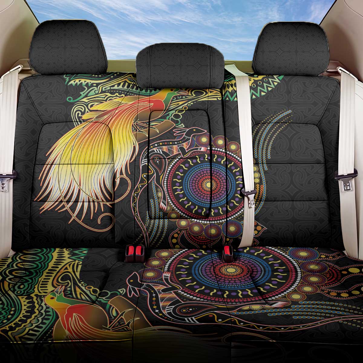 Papua New Guinea and Australia Together Back Car Seat Cover Bird of Paradise and Kangaroo Melanesian Aboriginal Motifs LT03 One Size Black - Polynesian Pride