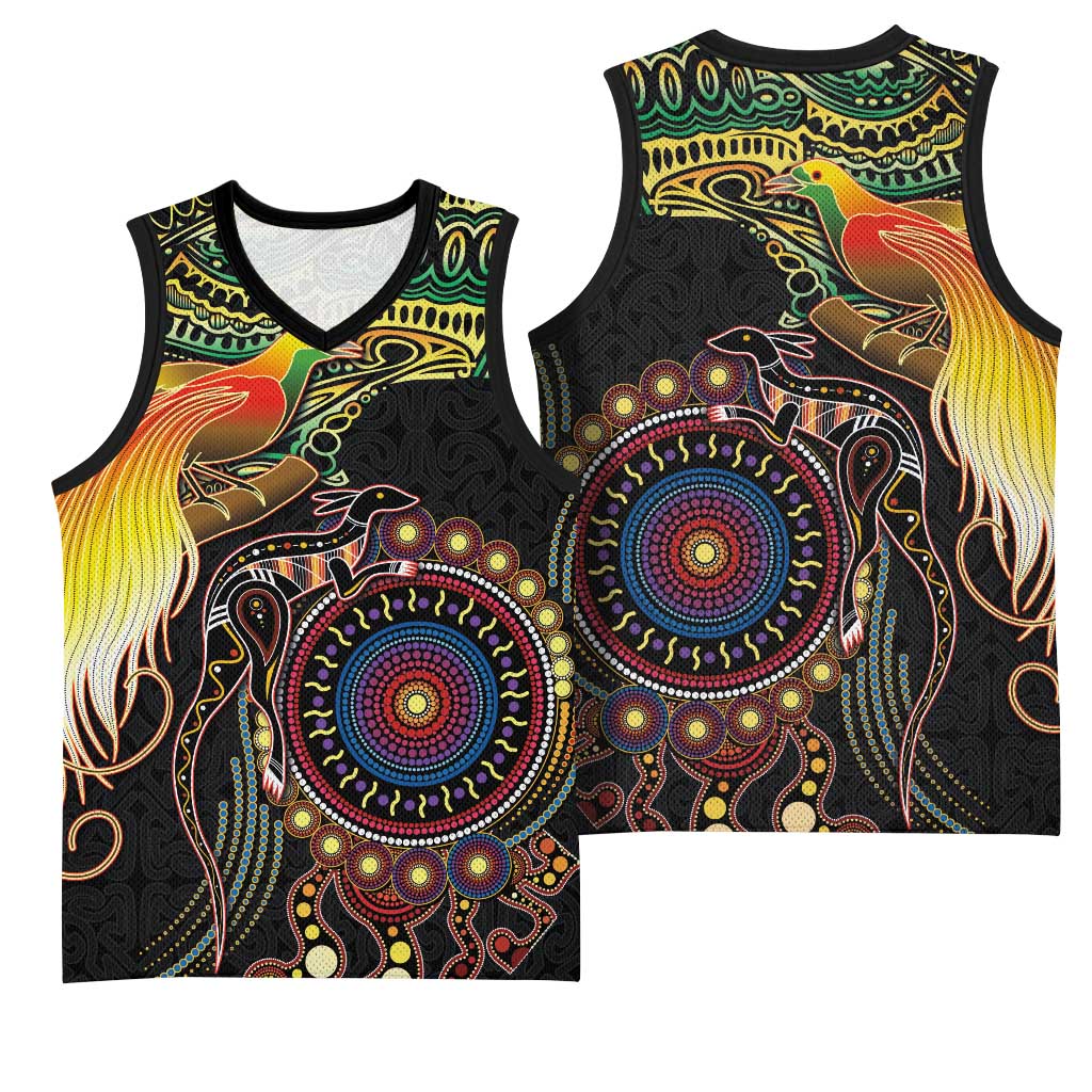 Papua New Guinea and Australia Together Basketball Jersey Bird of Paradise and Kangaroo Melanesian Aboriginal Motifs LT03 - Polynesian Pride