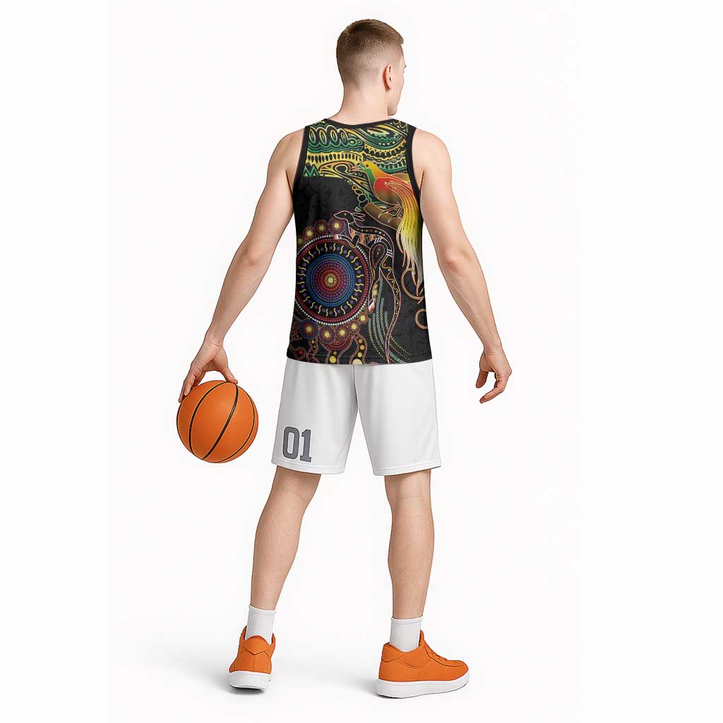 Papua New Guinea and Australia Together Basketball Jersey Bird of Paradise and Kangaroo Melanesian Aboriginal Motifs LT03 - Polynesian Pride