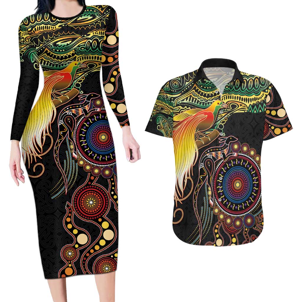 Papua New Guinea and Australia Together Couples Matching Long Sleeve Bodycon Dress and Hawaiian Shirt Bird of Paradise and Kangaroo Melanesian Aboriginal Motifs LT03 Black - Polynesian Pride