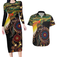 Papua New Guinea and Australia Together Couples Matching Long Sleeve Bodycon Dress and Hawaiian Shirt Bird of Paradise and Kangaroo Melanesian Aboriginal Motifs LT03 Black - Polynesian Pride
