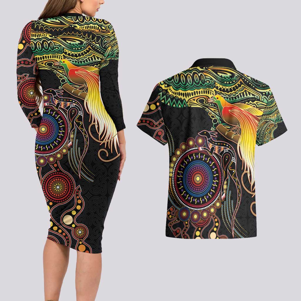 Papua New Guinea and Australia Together Couples Matching Long Sleeve Bodycon Dress and Hawaiian Shirt Bird of Paradise and Kangaroo Melanesian Aboriginal Motifs LT03 - Polynesian Pride
