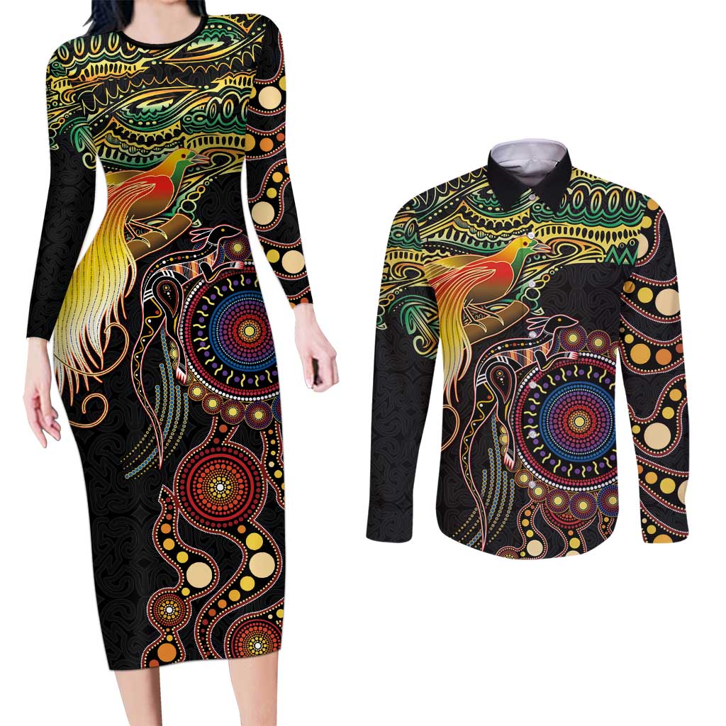 Papua New Guinea and Australia Together Couples Matching Long Sleeve Bodycon Dress and Long Sleeve Button Shirt Bird of Paradise and Kangaroo Melanesian Aboriginal Motifs LT03 Black - Polynesian Pride
