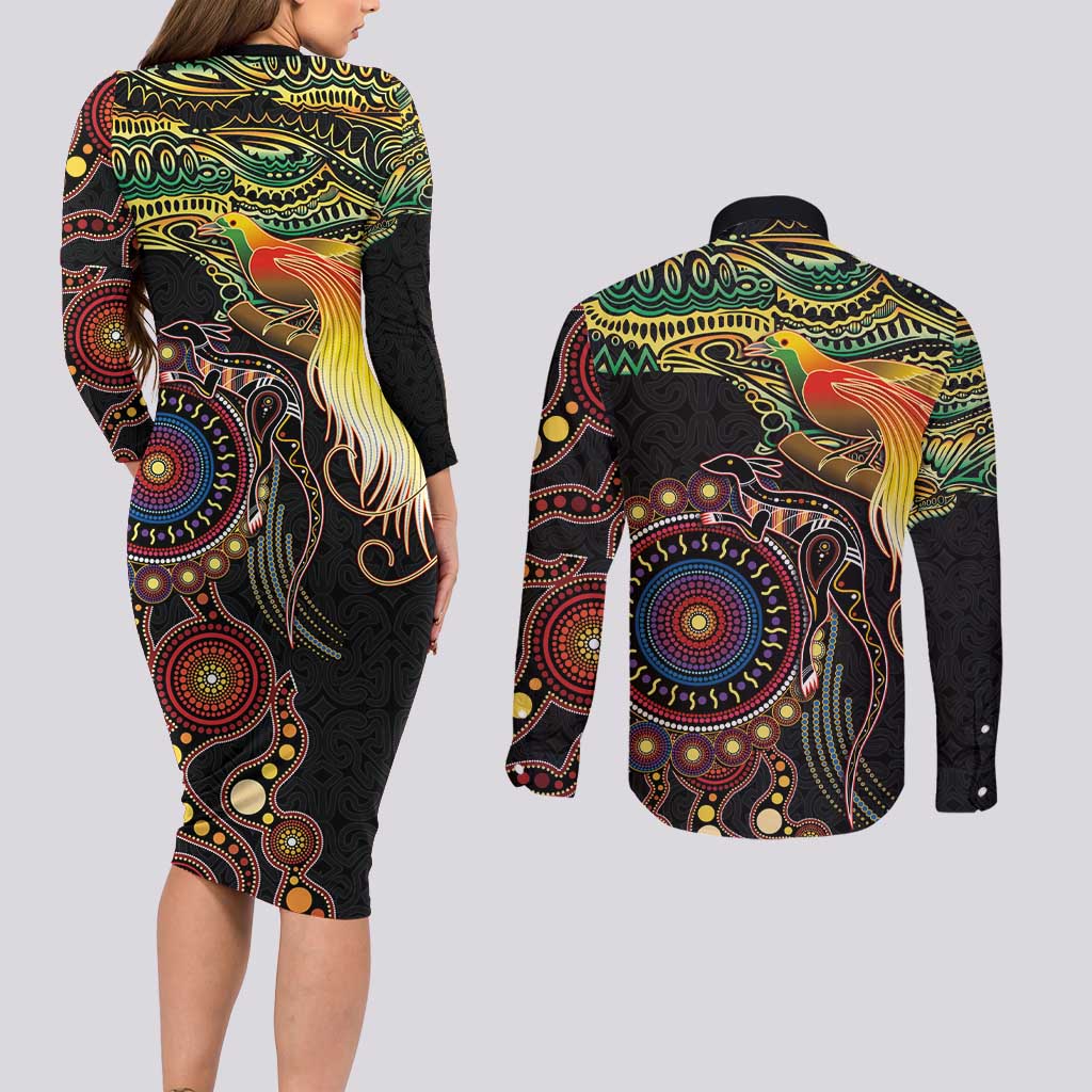 Papua New Guinea and Australia Together Couples Matching Long Sleeve Bodycon Dress and Long Sleeve Button Shirt Bird of Paradise and Kangaroo Melanesian Aboriginal Motifs LT03 - Polynesian Pride