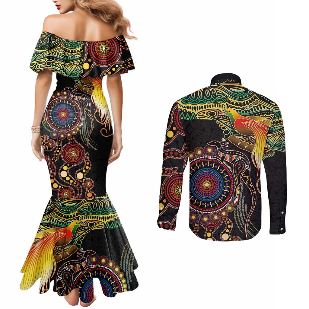 Papua New Guinea and Australia Together Couples Matching Mermaid Dress and Long Sleeve Button Shirt Bird of Paradise and Kangaroo Melanesian Aboriginal Motifs LT03 - Polynesian Pride