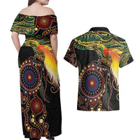 Papua New Guinea and Australia Together Couples Matching Off Shoulder Maxi Dress and Hawaiian Shirt Bird of Paradise and Kangaroo Melanesian Aboriginal Motifs LT03 - Polynesian Pride