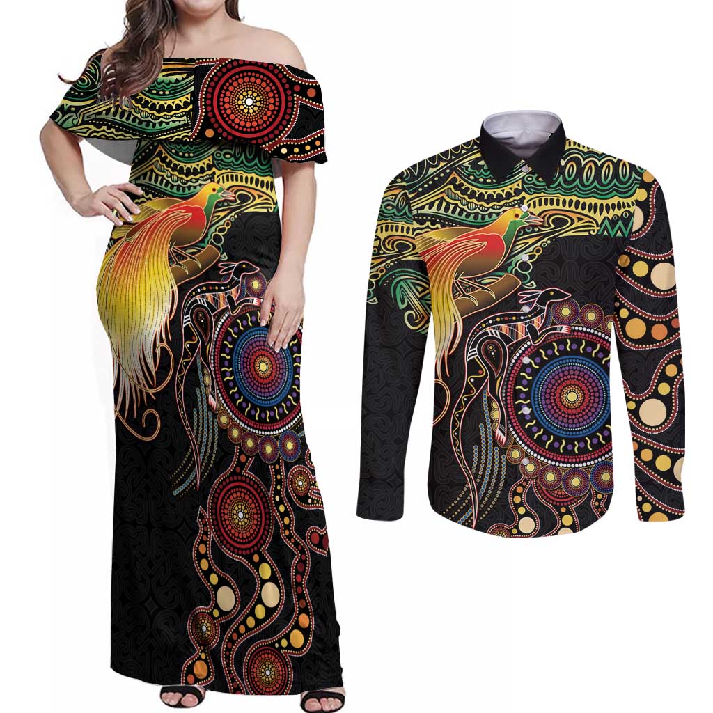Papua New Guinea and Australia Together Couples Matching Off Shoulder Maxi Dress and Long Sleeve Button Shirt Bird of Paradise and Kangaroo Melanesian Aboriginal Motifs LT03 Black - Polynesian Pride