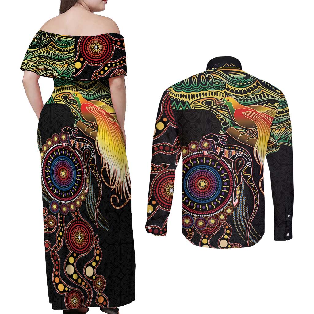 Papua New Guinea and Australia Together Couples Matching Off Shoulder Maxi Dress and Long Sleeve Button Shirt Bird of Paradise and Kangaroo Melanesian Aboriginal Motifs LT03 - Polynesian Pride