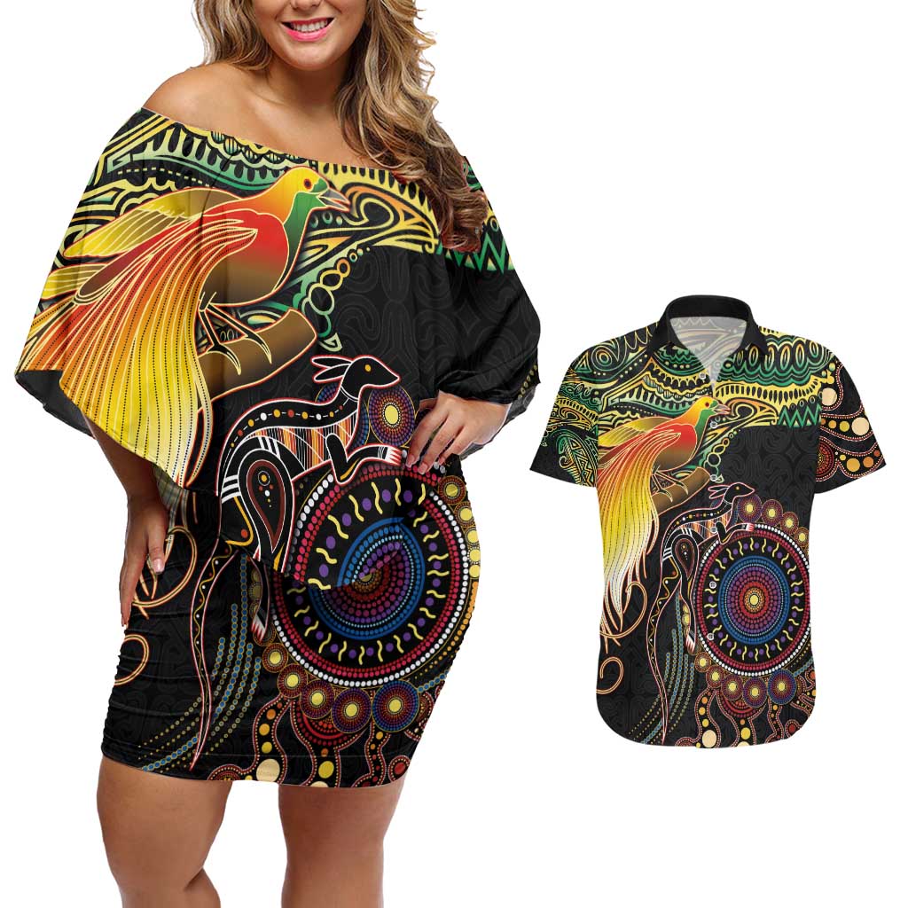 Papua New Guinea and Australia Together Couples Matching Off Shoulder Short Dress and Hawaiian Shirt Bird of Paradise and Kangaroo Melanesian Aboriginal Motifs LT03 Black - Polynesian Pride