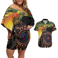 Papua New Guinea and Australia Together Couples Matching Off Shoulder Short Dress and Hawaiian Shirt Bird of Paradise and Kangaroo Melanesian Aboriginal Motifs LT03 Black - Polynesian Pride