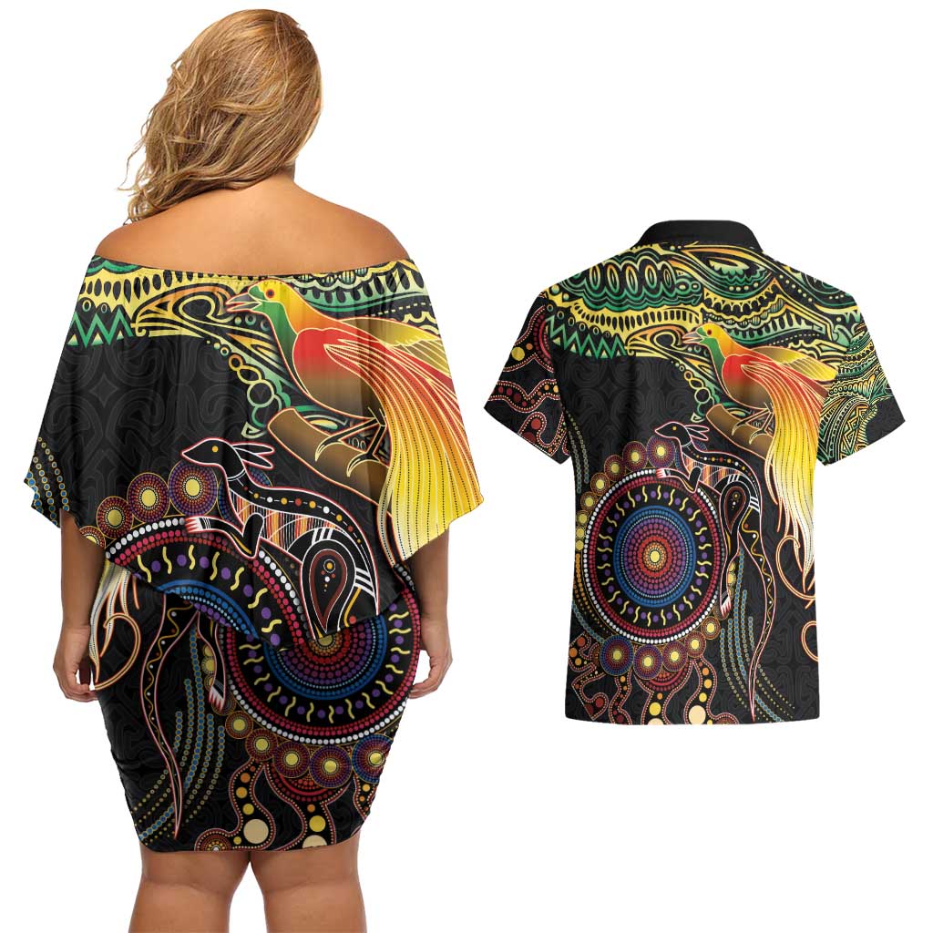 Papua New Guinea and Australia Together Couples Matching Off Shoulder Short Dress and Hawaiian Shirt Bird of Paradise and Kangaroo Melanesian Aboriginal Motifs LT03 - Polynesian Pride