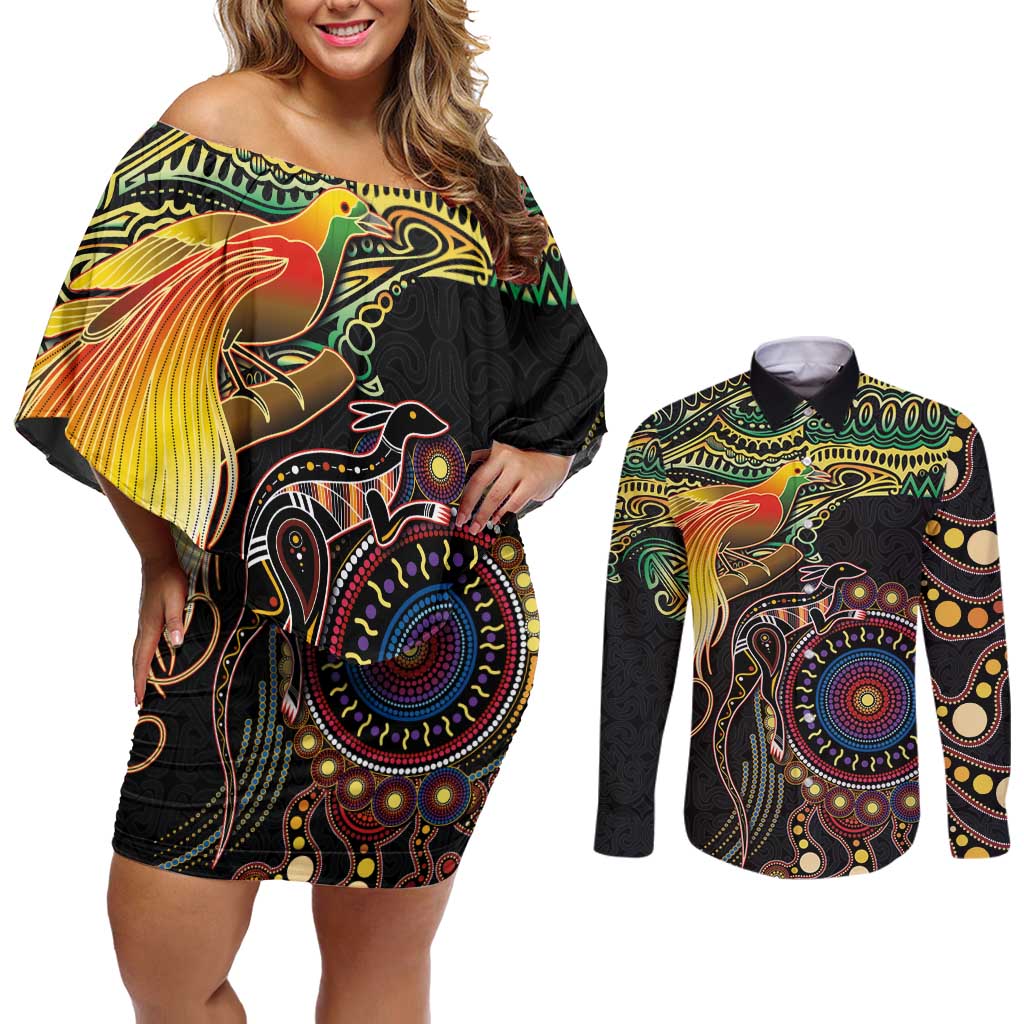 Papua New Guinea and Australia Together Couples Matching Off Shoulder Short Dress and Long Sleeve Button Shirt Bird of Paradise and Kangaroo Melanesian Aboriginal Motifs LT03 Black - Polynesian Pride