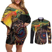 Papua New Guinea and Australia Together Couples Matching Off Shoulder Short Dress and Long Sleeve Button Shirt Bird of Paradise and Kangaroo Melanesian Aboriginal Motifs LT03 Black - Polynesian Pride