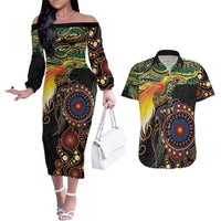 Papua New Guinea and Australia Together Couples Matching Off The Shoulder Long Sleeve Dress and Hawaiian Shirt Bird of Paradise and Kangaroo Melanesian Aboriginal Motifs LT03 Black - Polynesian Pride