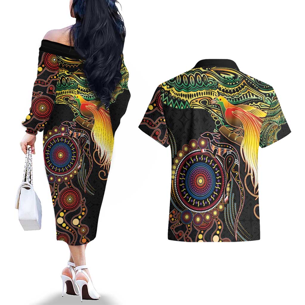 Papua New Guinea and Australia Together Couples Matching Off The Shoulder Long Sleeve Dress and Hawaiian Shirt Bird of Paradise and Kangaroo Melanesian Aboriginal Motifs LT03 - Polynesian Pride