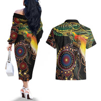 Papua New Guinea and Australia Together Couples Matching Off The Shoulder Long Sleeve Dress and Hawaiian Shirt Bird of Paradise and Kangaroo Melanesian Aboriginal Motifs LT03 - Polynesian Pride