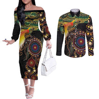 Papua New Guinea and Australia Together Couples Matching Off The Shoulder Long Sleeve Dress and Long Sleeve Button Shirt Bird of Paradise and Kangaroo Melanesian Aboriginal Motifs LT03 Black - Polynesian Pride