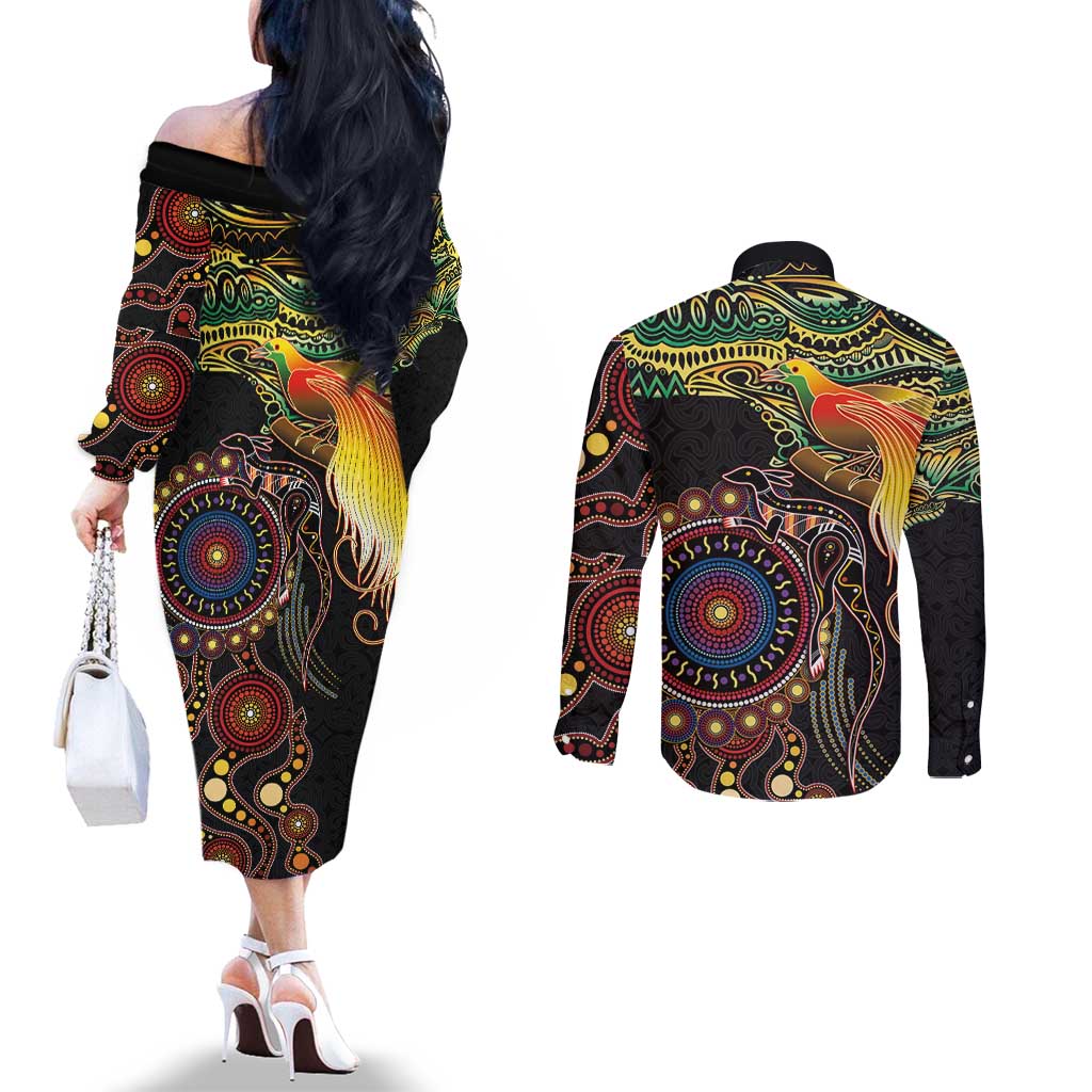 Papua New Guinea and Australia Together Couples Matching Off The Shoulder Long Sleeve Dress and Long Sleeve Button Shirt Bird of Paradise and Kangaroo Melanesian Aboriginal Motifs LT03 - Polynesian Pride