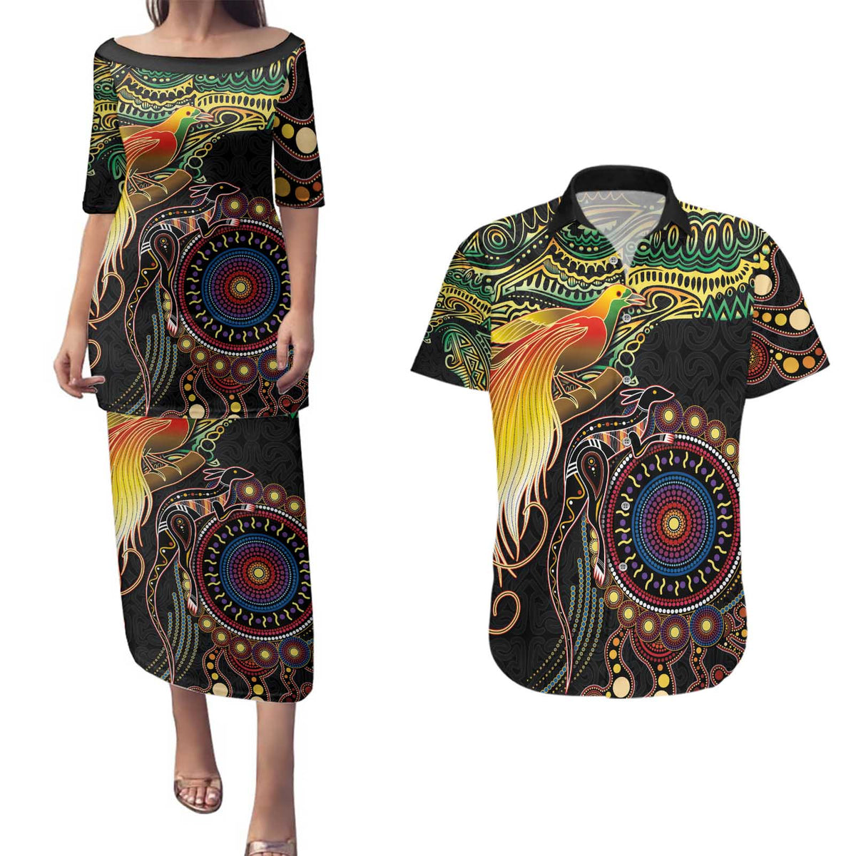 Papua New Guinea and Australia Together Couples Matching Puletasi and Hawaiian Shirt Bird of Paradise and Kangaroo Melanesian Aboriginal Motifs LT03 Black - Polynesian Pride
