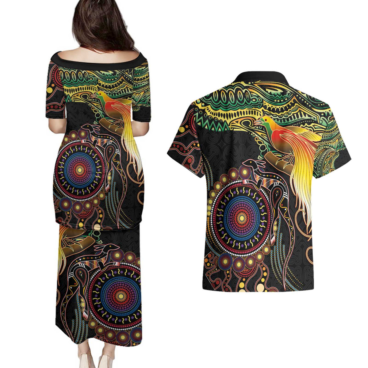 Papua New Guinea and Australia Together Couples Matching Puletasi and Hawaiian Shirt Bird of Paradise and Kangaroo Melanesian Aboriginal Motifs LT03 - Polynesian Pride