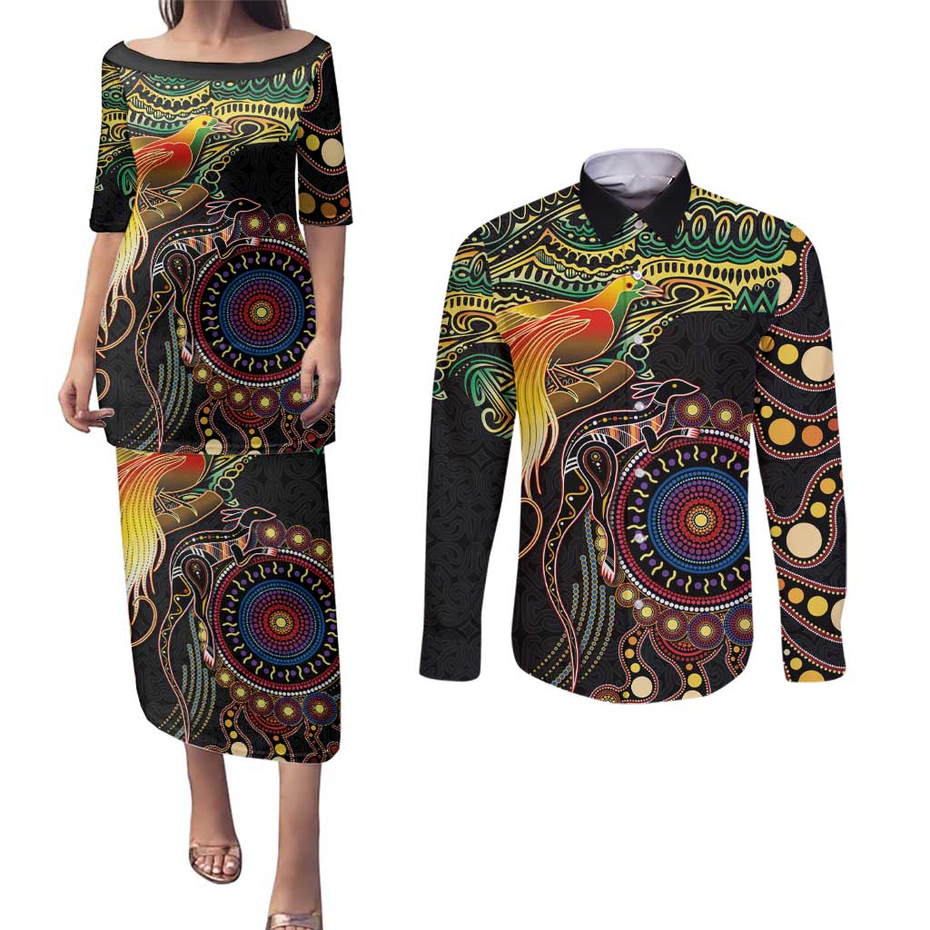 Papua New Guinea and Australia Together Couples Matching Puletasi and Long Sleeve Button Shirt Bird of Paradise and Kangaroo Melanesian Aboriginal Motifs LT03 Black - Polynesian Pride