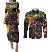 Papua New Guinea and Australia Together Couples Matching Puletasi and Long Sleeve Button Shirt Bird of Paradise and Kangaroo Melanesian Aboriginal Motifs LT03 Black - Polynesian Pride